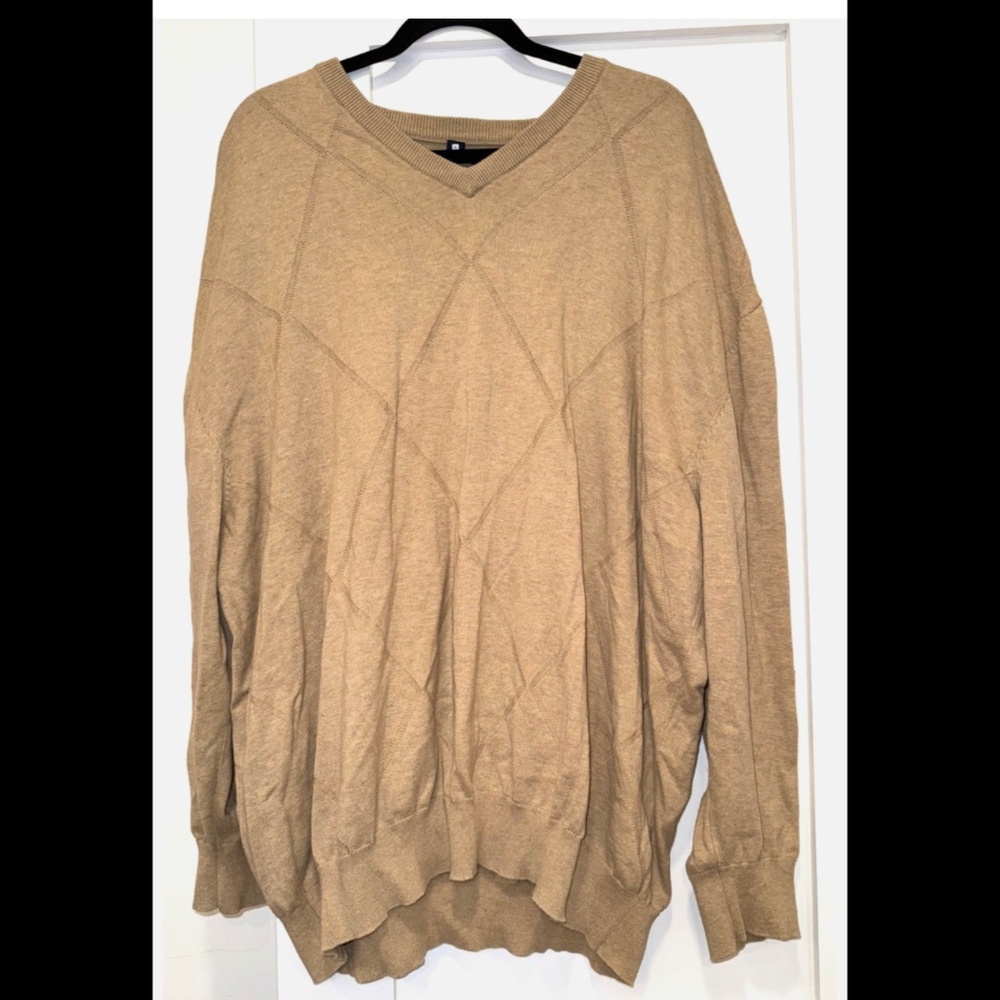 Vintage Damon Cotton Diamond Pattern Sweater Men Size 4X Camel Beige V-Neck